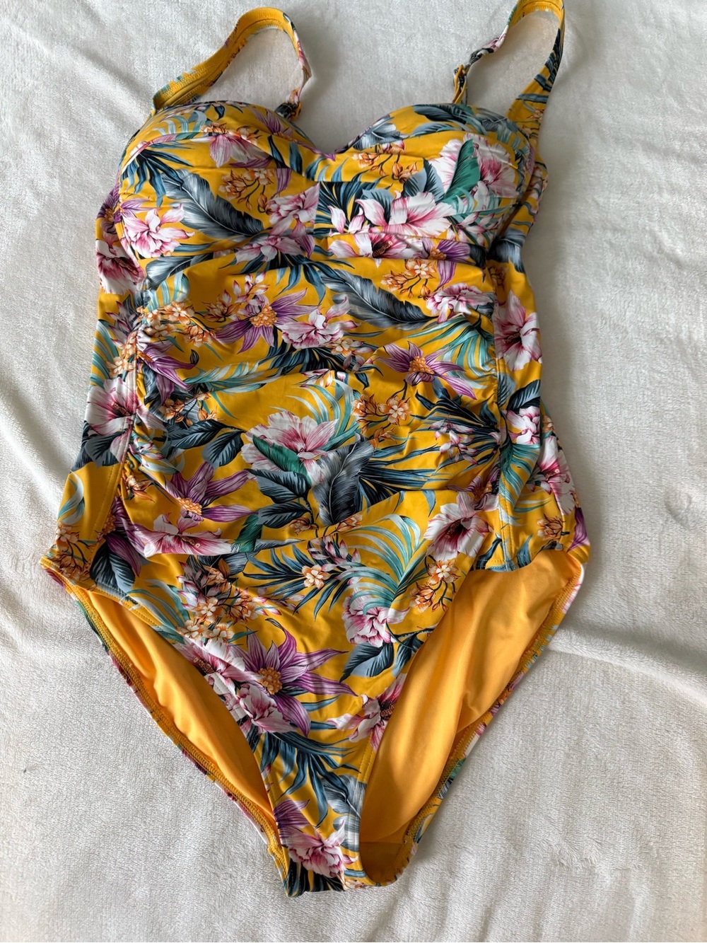 Nip Tuck yellow one-piece swimsuit multicolor tropical floral & leaf 10 D95